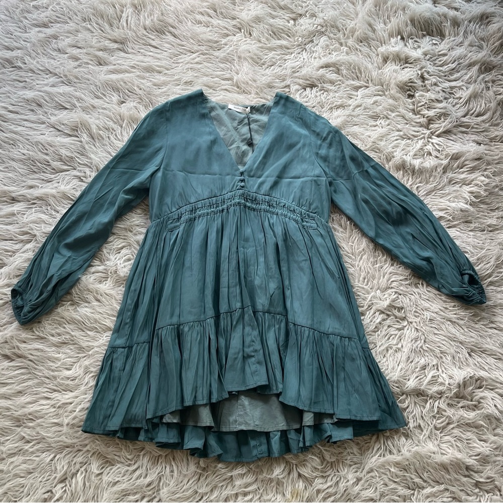 NWT Mustard Seed 'Faded Green' side tie v-neck long sleeve flowy dress sz S